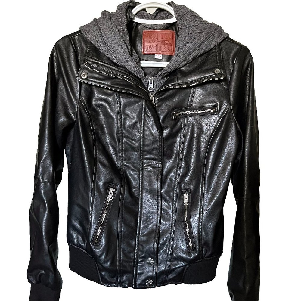 NEW black faux leather moto jacket with knit hood